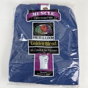 Vintage Fruit of the Loom Muscle Pocket Tee Shirt XL 46–48 Blue Sleeveless 1996